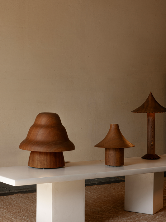 Kilzi lighting | Hat Wobble design table lamp for home decor, a elegant designer lamp of wood soft organic shapes.